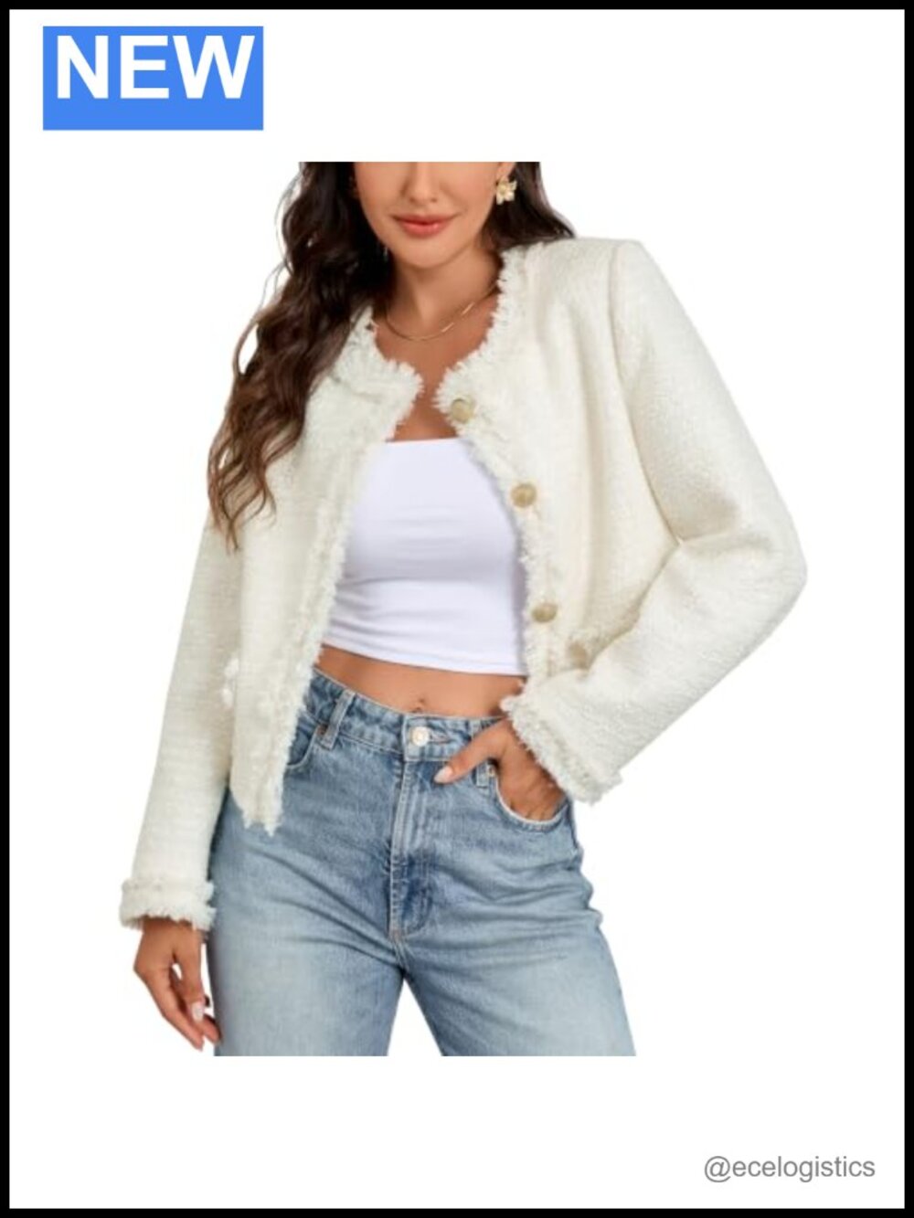 Women Wool Blend Round Neck Cropped Tweed Blazer Business Casual